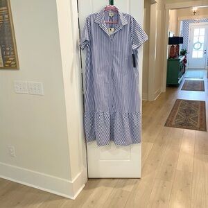 Tuckernuck blue and white striped shirt dress with bottom ruffle